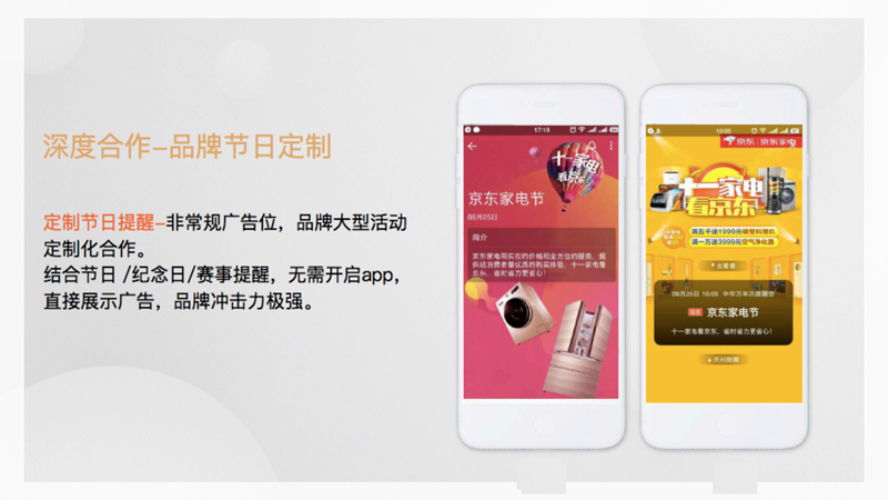 深度合作-节日提醒：非常规广告位，品牌大型活动定制化合作。结合节日/纪念日/赛事提醒，无需开启APP，直接展示广告，品牌冲击力极强！